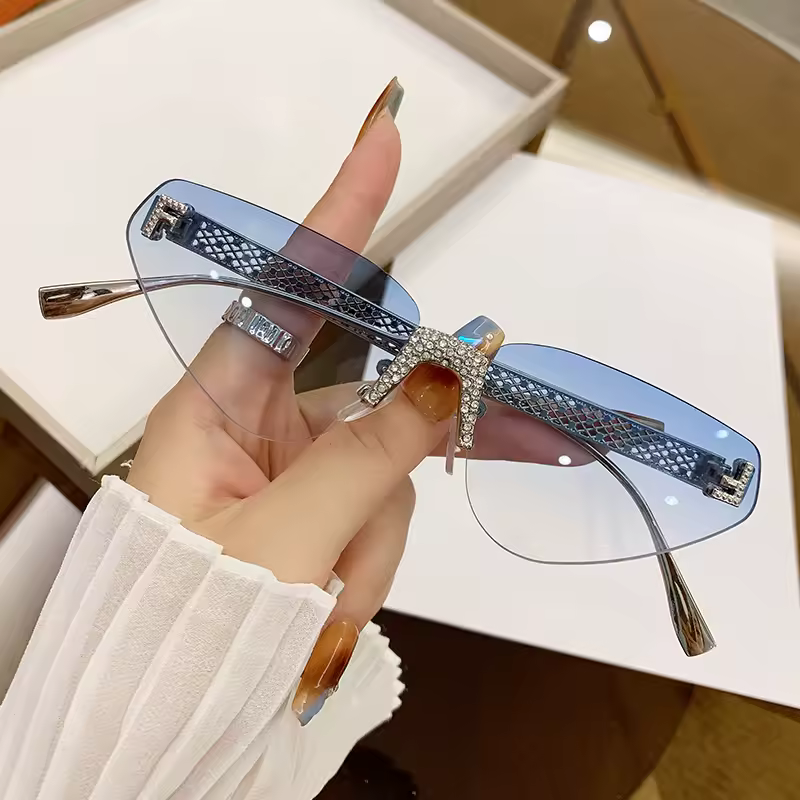 Metal Hollow Letter Diamond Rimless Cat Eye Retro Sunglasses - Image 5