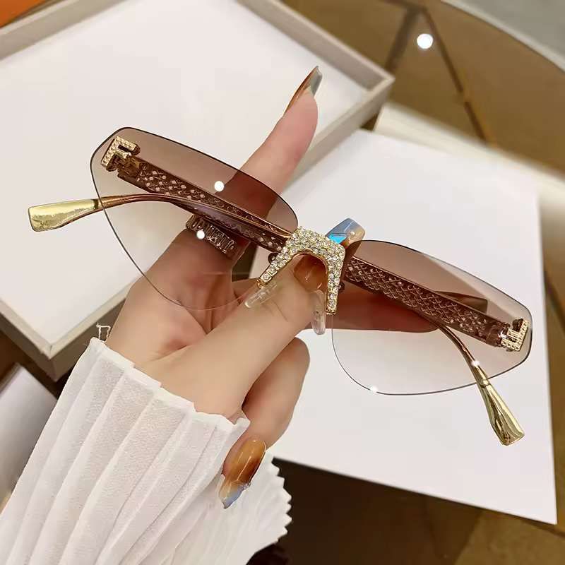 Metal Hollow Letter Diamond Rimless Cat Eye Retro Sunglasses - Image 7
