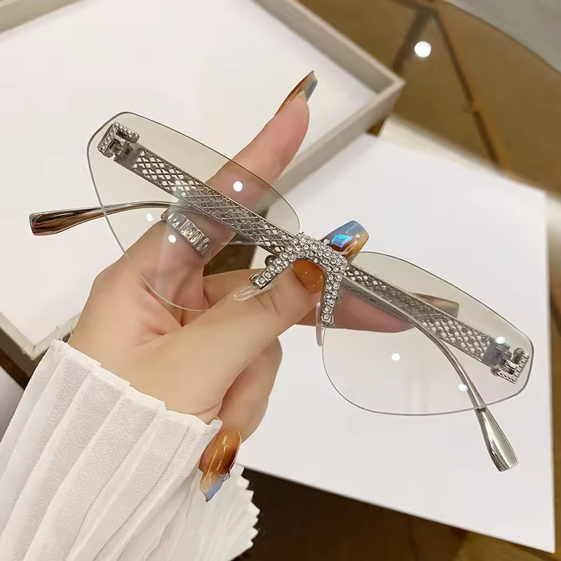 Metal Hollow Letter Diamond Rimless Cat Eye Retro Sunglasses - Image 8