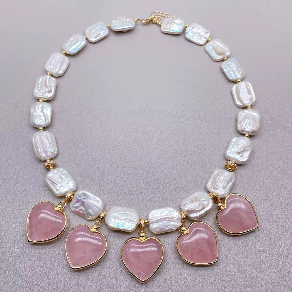 Pearl Heart Charm Pendant Rectangle Pearl Chokers Necklace