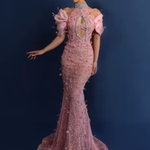 Pearls Diamonds Embellished Sequins Halter Cut Out Celebrity Cocktail Party Evening Gowns