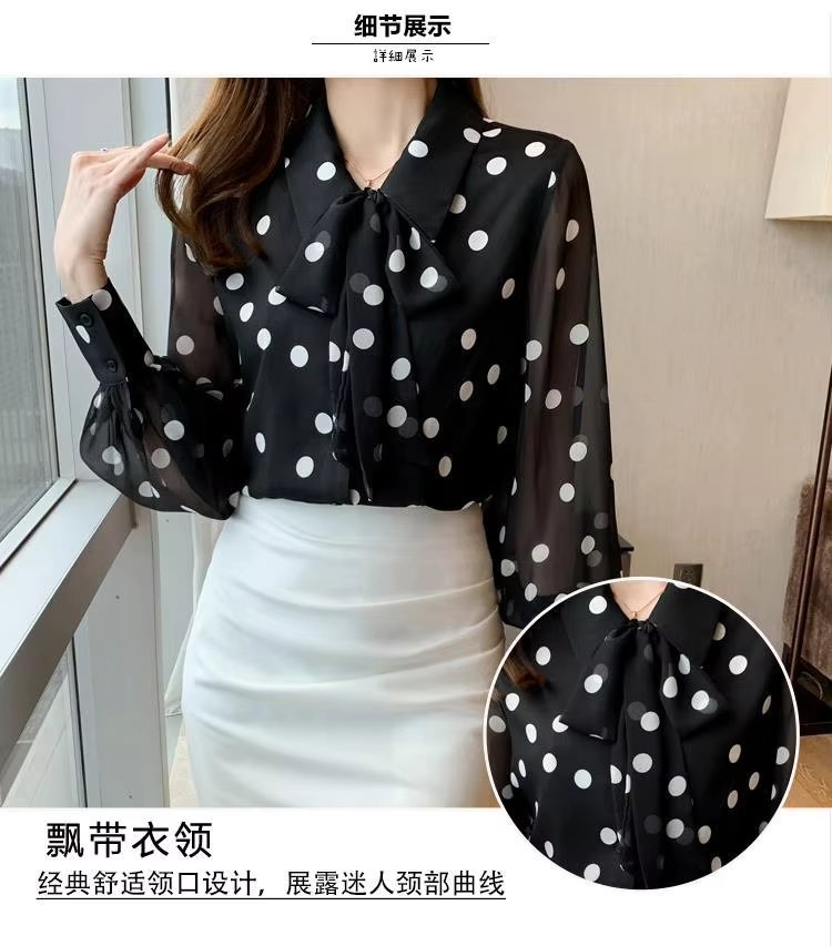Polka Dot Printing Fashion Turn-down Collar Bow Long Sleeve Chiffon Shirt - Image 2
