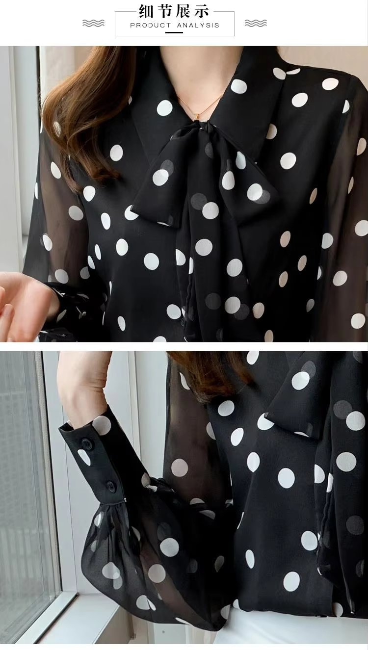 Polka Dot Printing Fashion Turn-down Collar Bow Long Sleeve Chiffon Shirt - Image 10