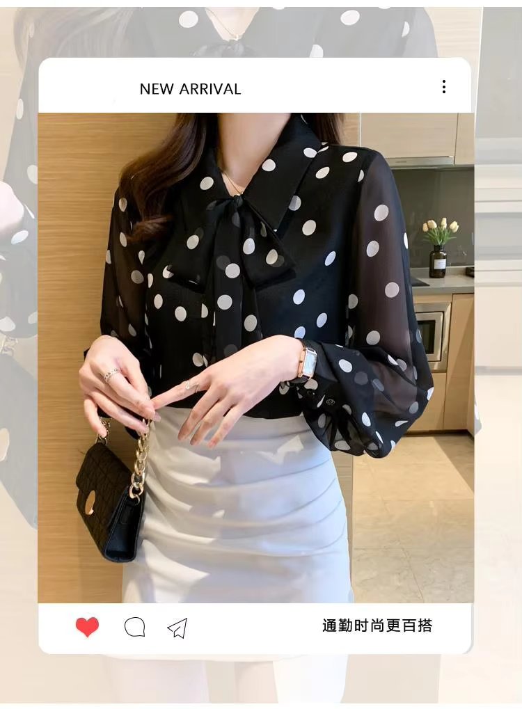 Polka Dot Printing Fashion Turn-down Collar Bow Long Sleeve Chiffon Shirt - Image 11