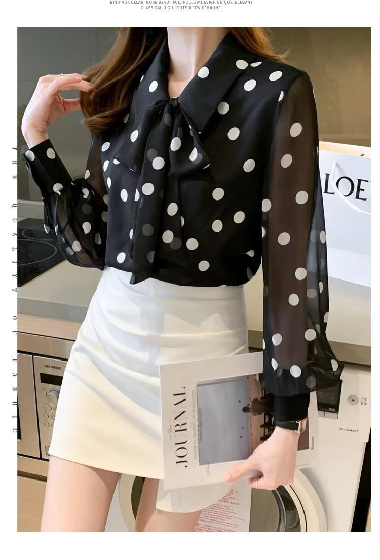 Polka Dot Printing Fashion Turn-down Collar Bow Long Sleeve Chiffon Shirt - Image 12