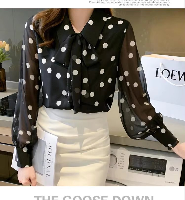 Polka Dot Printing Fashion Turn-down Collar Bow Long Sleeve Chiffon Shirt - Image 13