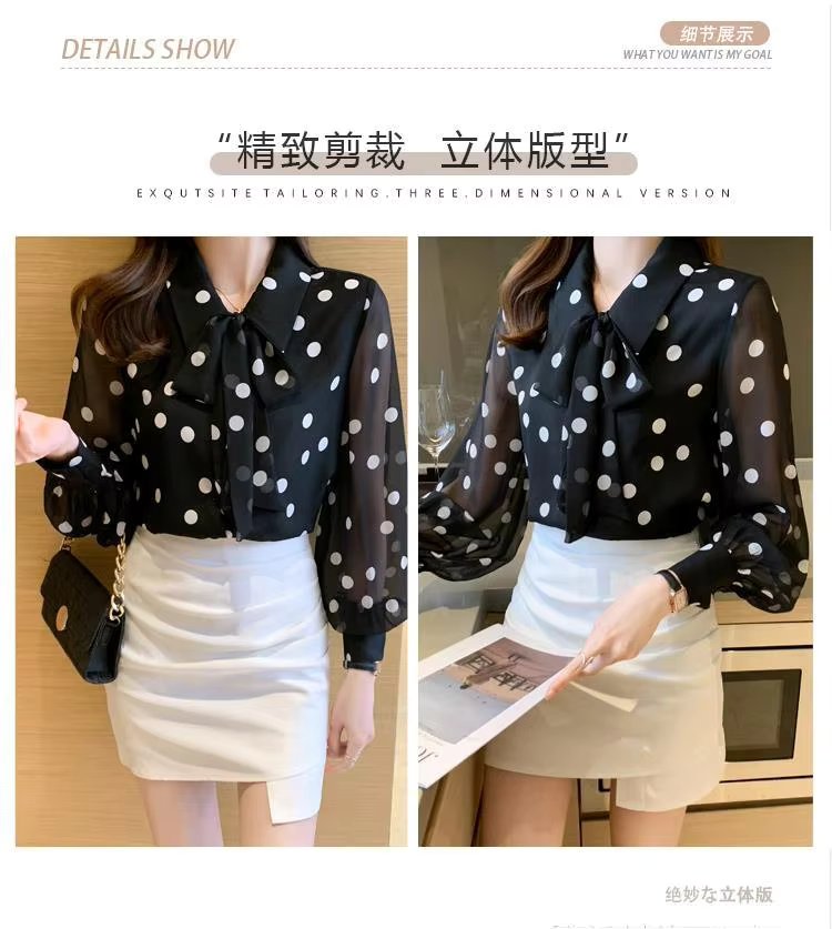 Polka Dot Printing Fashion Turn-down Collar Bow Long Sleeve Chiffon Shirt - Image 14