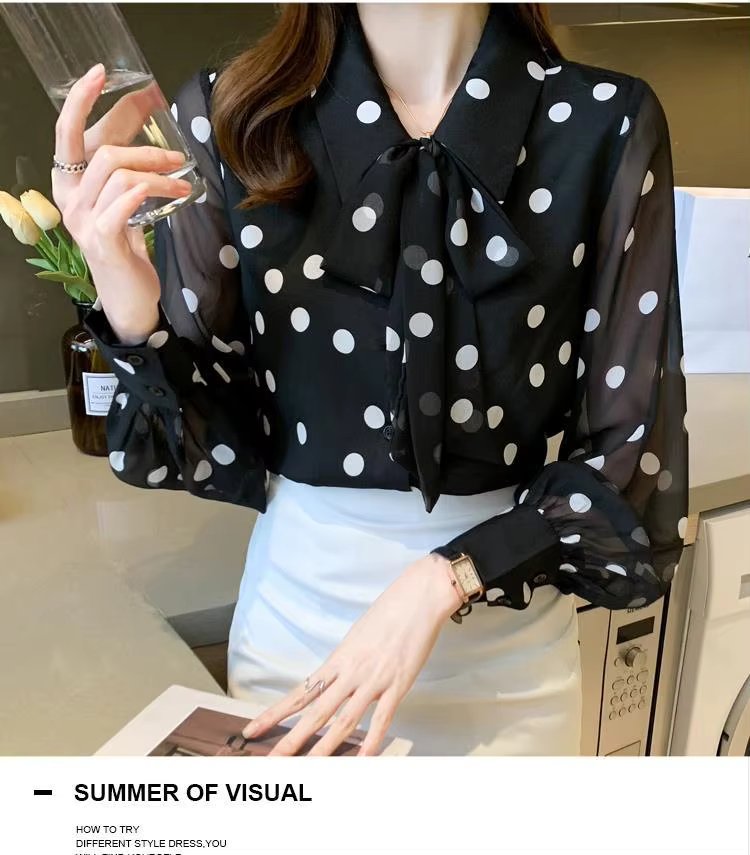Polka Dot Printing Fashion Turn-down Collar Bow Long Sleeve Chiffon Shirt - Image 3
