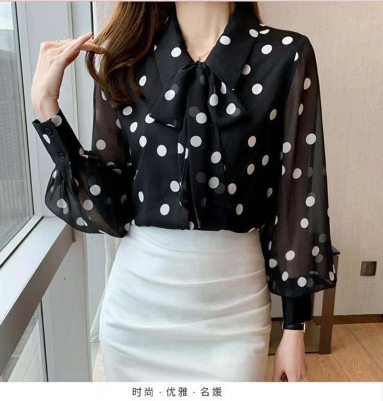 Polka Dot Printing Fashion Turn-down Collar Bow Long Sleeve Chiffon Shirt - Image 4