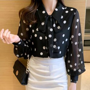 Polka Dot Printing  Fashion Turn-down Collar Bow Long Sleeve Chiffon Shirt