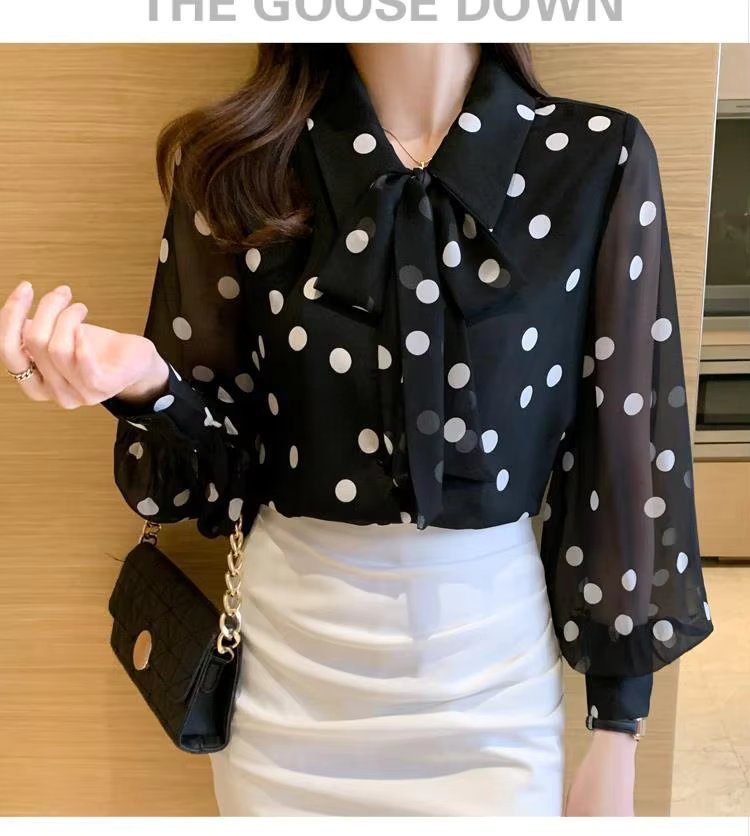 Polka Dot Printing Fashion Turn-down Collar Bow Long Sleeve Chiffon Shirt