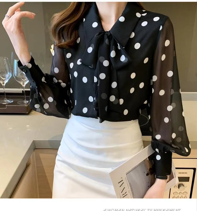 Polka Dot Printing Fashion Turn-down Collar Bow Long Sleeve Chiffon Shirt - Image 5