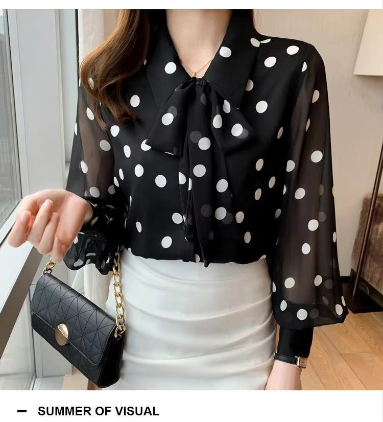 Polka Dot Printing Fashion Turn-down Collar Bow Long Sleeve Chiffon Shirt - Image 6