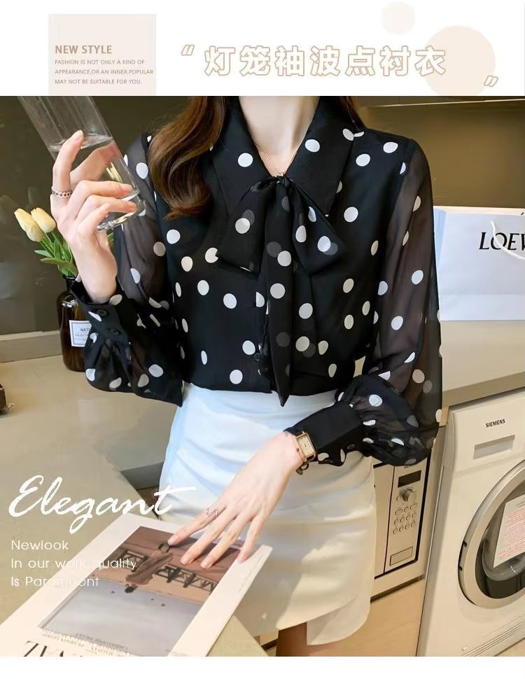 Polka Dot Printing Fashion Turn-down Collar Bow Long Sleeve Chiffon Shirt - Image 7