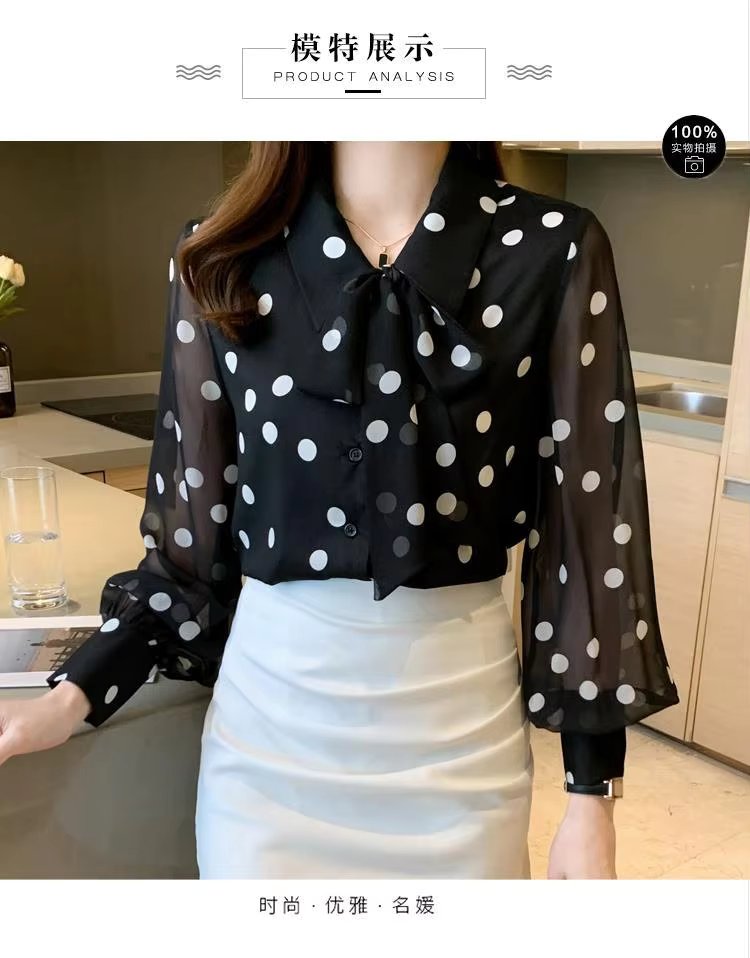Polka Dot Printing Fashion Turn-down Collar Bow Long Sleeve Chiffon Shirt - Image 8
