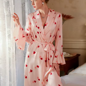 Print Bathrobe Satin Robe Long Sleeve Soft Sleepwear Nightgowns