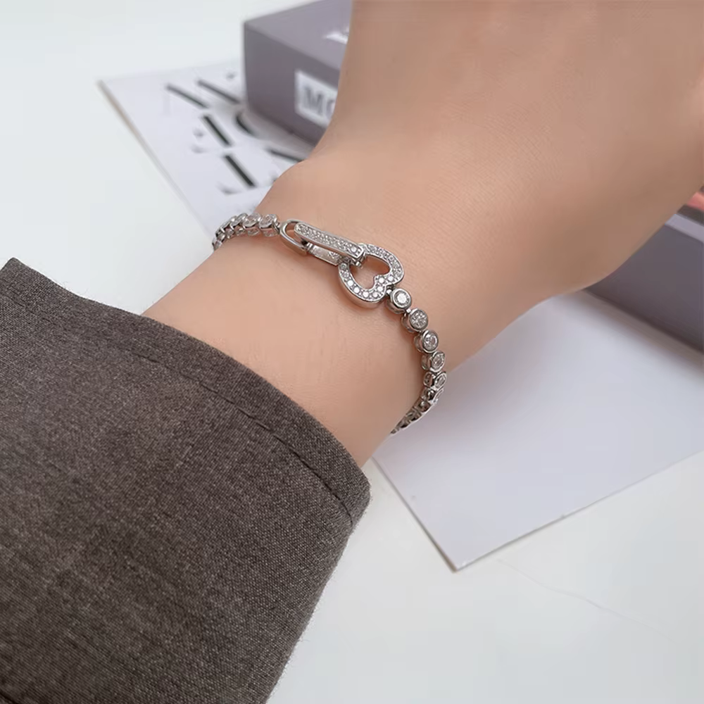 Real 925 Sterling Silver Created Diamond Heart Chain Buckle Bracelets