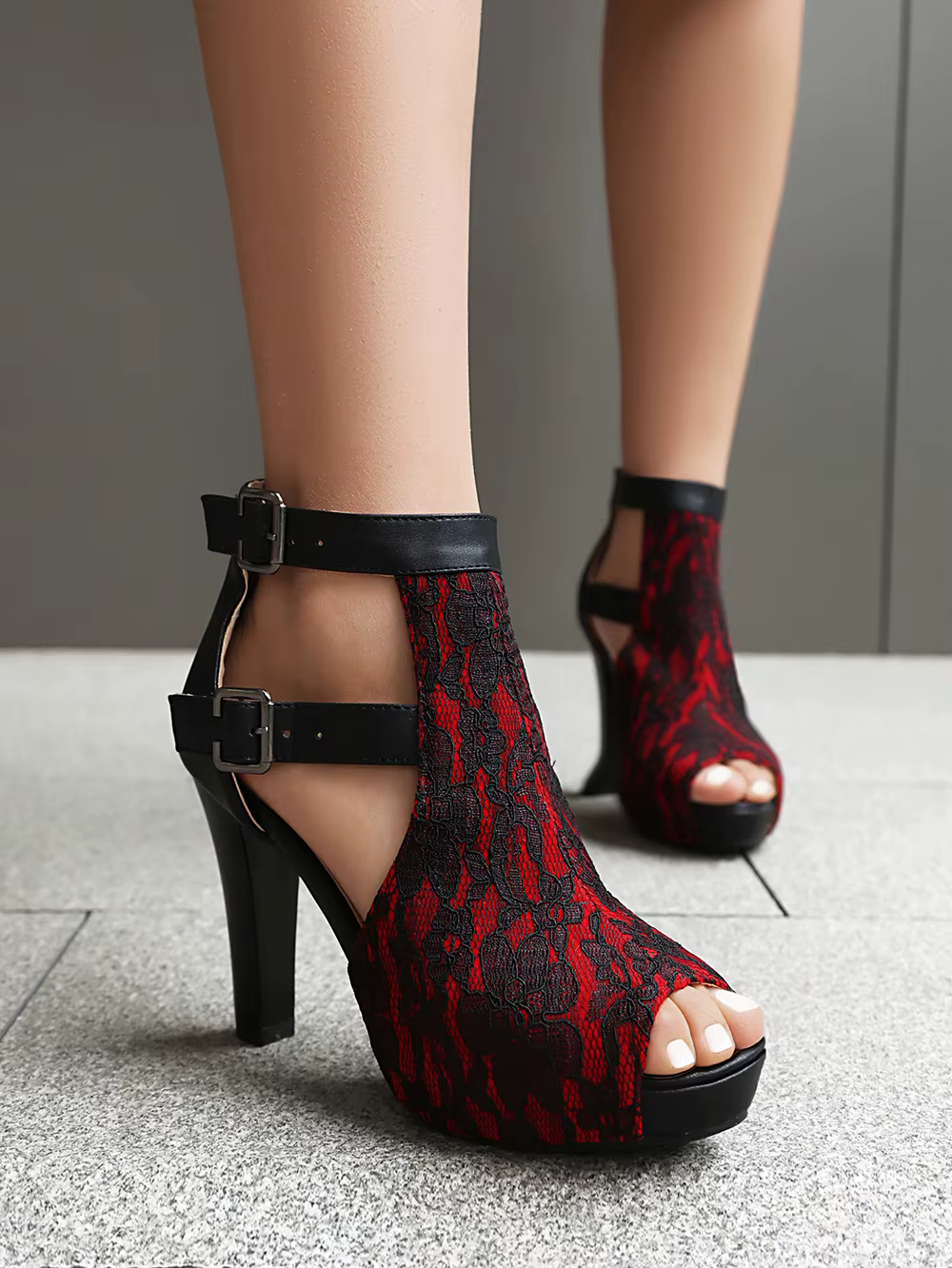 Retro Patchwork Buckle Open Toe Super Spike High Heels - Image 6