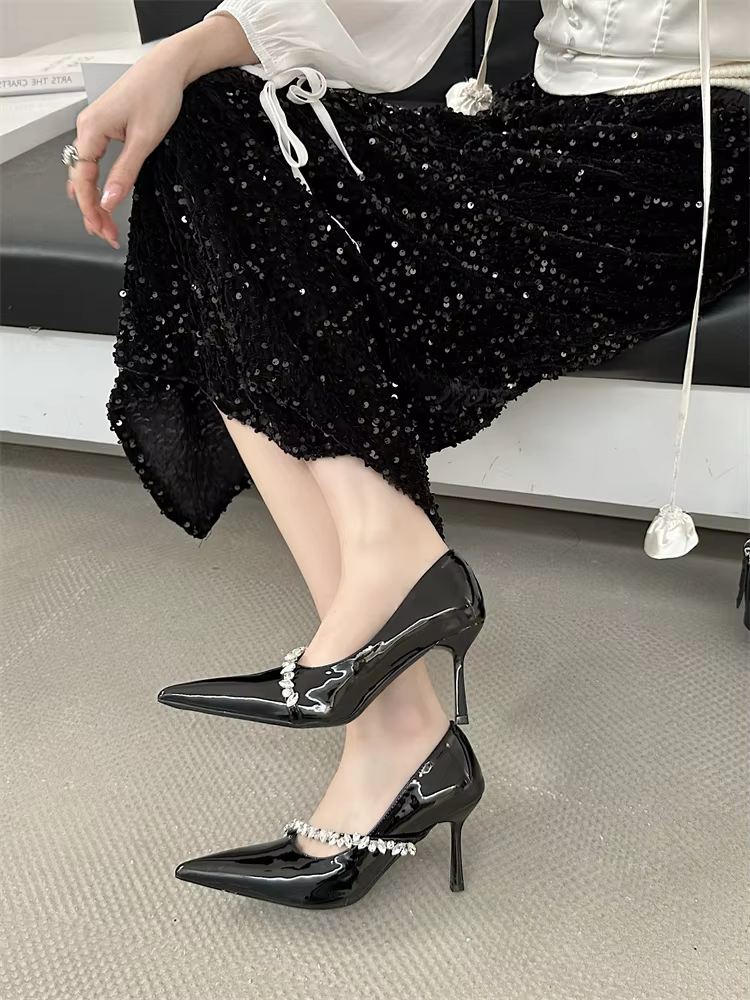 Rhinestone Designer Crystal Pointed Toe Thin High Heels - Image 3