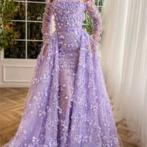 Rhinestones Satin Flowers Shiny Sleeves And Train Gown Prom Dress