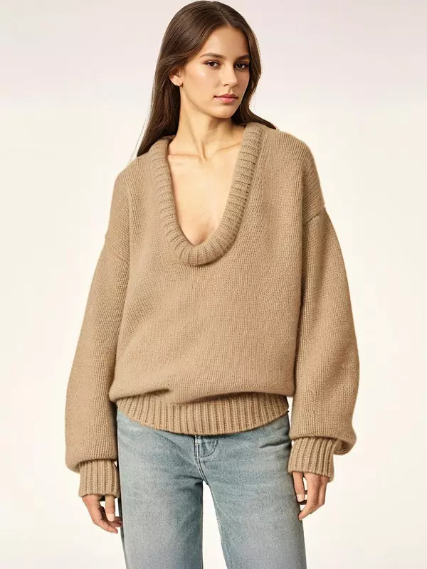 Rib-knit Neck Dropped Shoulder Long Sleeve Spring Over sized Sweater Tops - Image 4