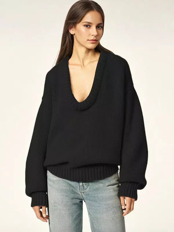 Rib-knit Neck Dropped Shoulder Long Sleeve Spring Over sized Sweater Tops - Image 2