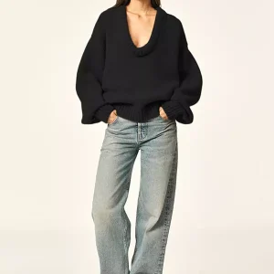 Rib-knit Neck Dropped Shoulder Long Sleeve Spring Over sized Sweater Tops