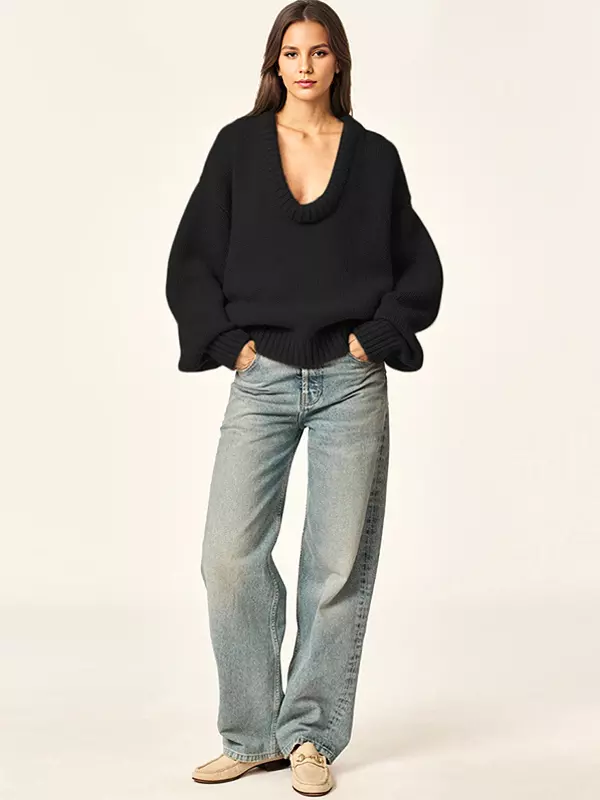 Rib-knit Neck Dropped Shoulder Long Sleeve Spring Over sized Sweater Tops