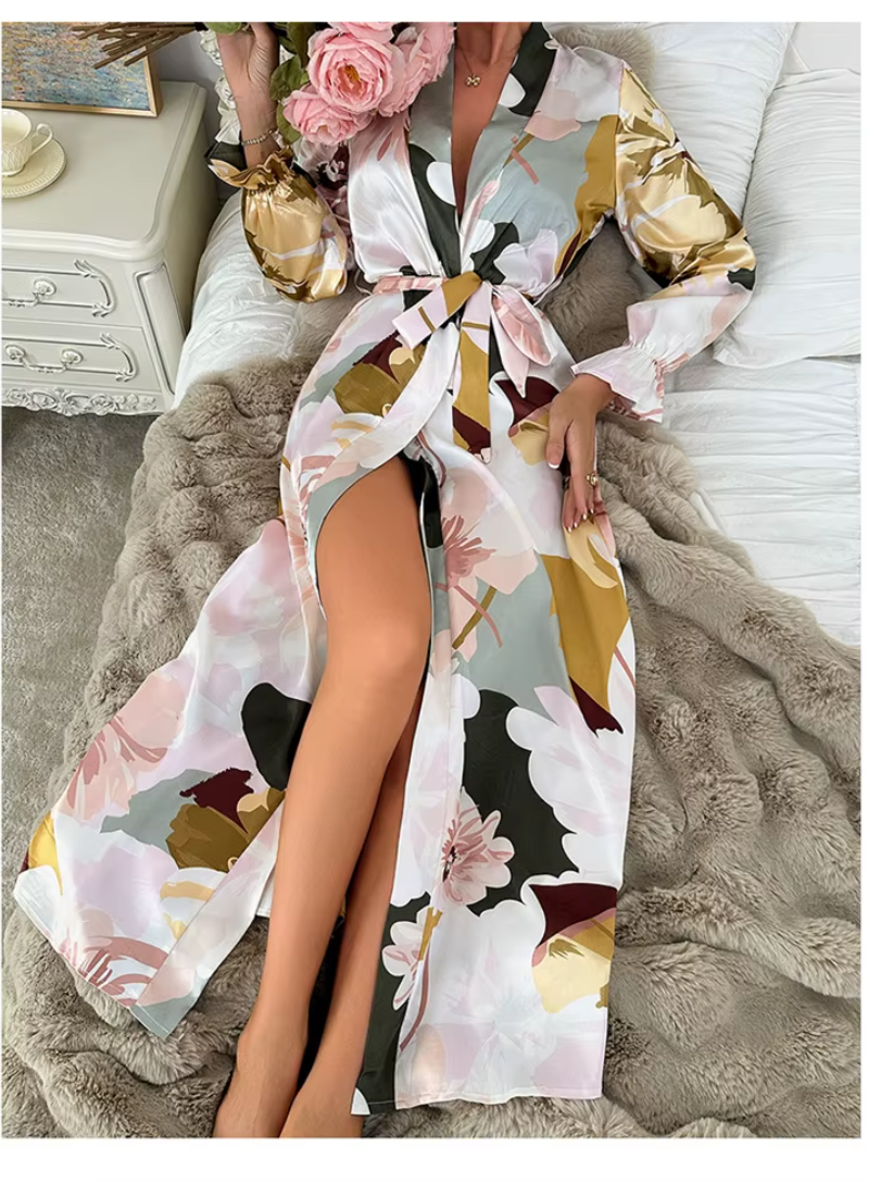 Robe Floral Sleepwear Long Sleeve Comfortable Imitation Silk Nightgowns - Image 4