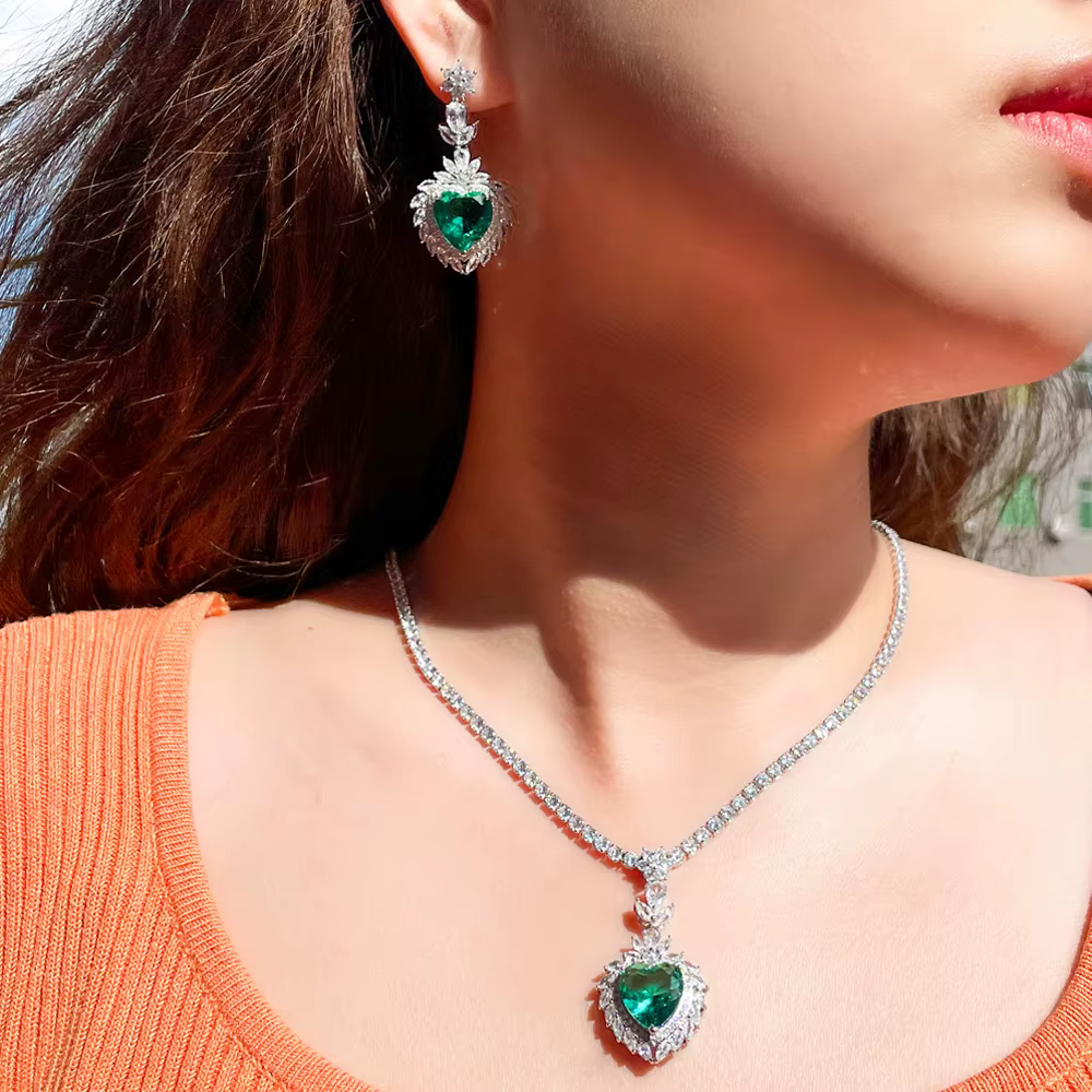 Romantic Big Love Heart Drop Cubic Zirconia Pendant Necklace Sets