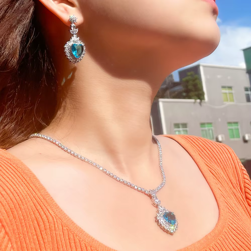 Romantic Big Love Heart Drop Cubic Zirconia Pendant Necklace Sets - Image 3