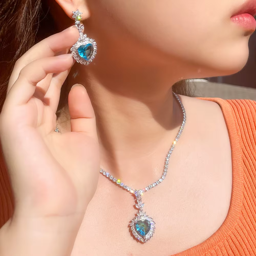 Romantic Big Love Heart Drop Cubic Zirconia Pendant Necklace Sets - Image 5