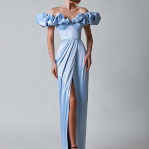 Ruffles Off The Shoulder High Slit Pleated Maxi Dresses