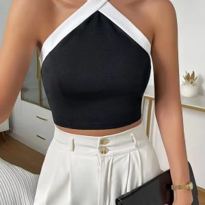 Contrast Trim Halter Neck Casual Backless Sleeveless Tank Top