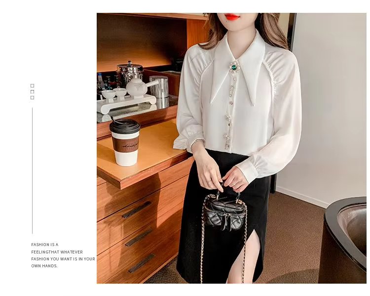 Beading Diamonds Korean Single-breasted Fashion Elegant Lapel Shirt - Image 11