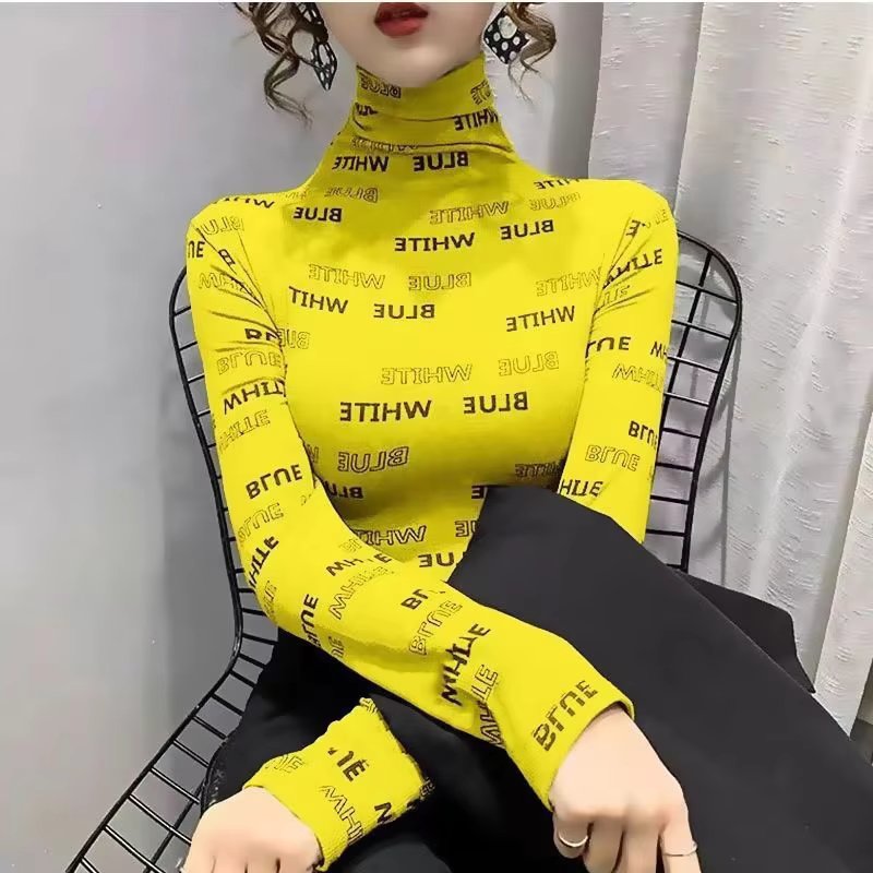 Elegant Half High Neck Pullover Letter Fashion Long Sleeve Slim Fit T-shirt Tops