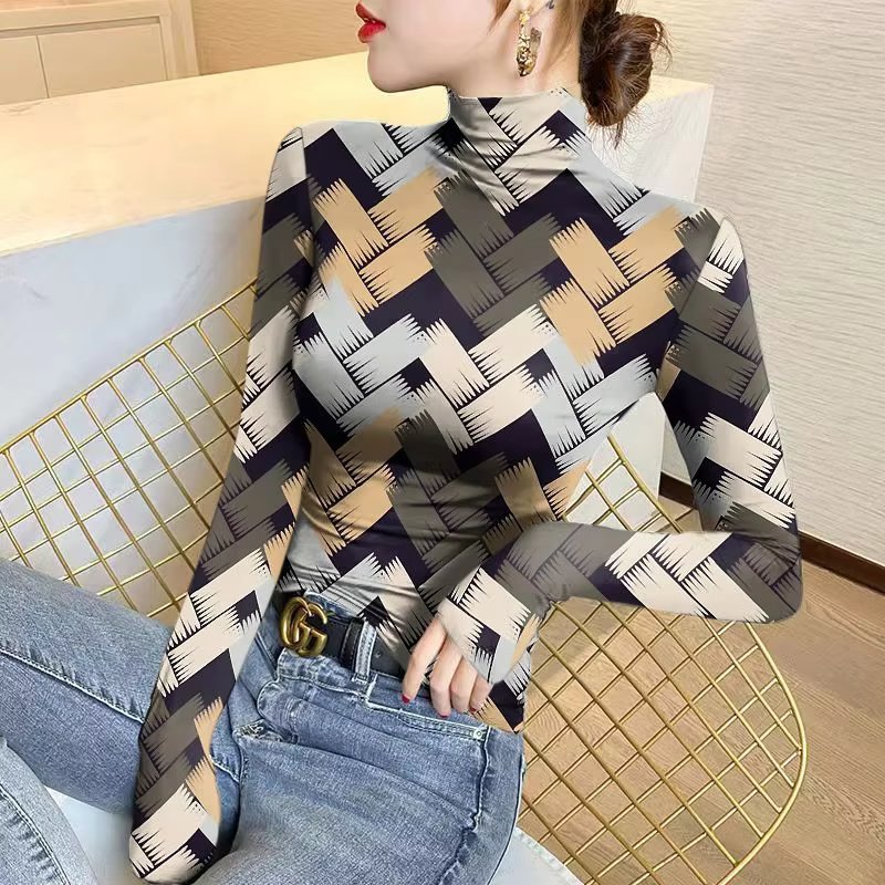Ullover Half High Neck Geometric Underlay Vintage Printing Long Sleeve Striped T-shirt