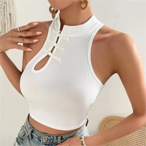Elegant O-Neck Off Shoulder Vintage Chinese Button Tank Tops Halter Tops
