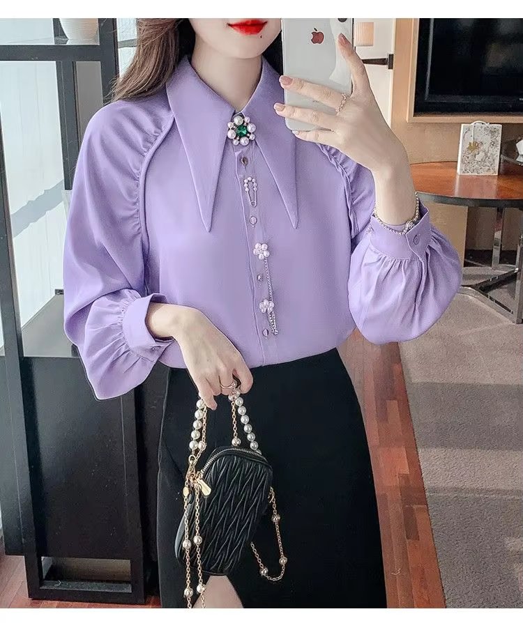 Beading Diamonds Korean Single-breasted Fashion Elegant Lapel Shirt - Image 12