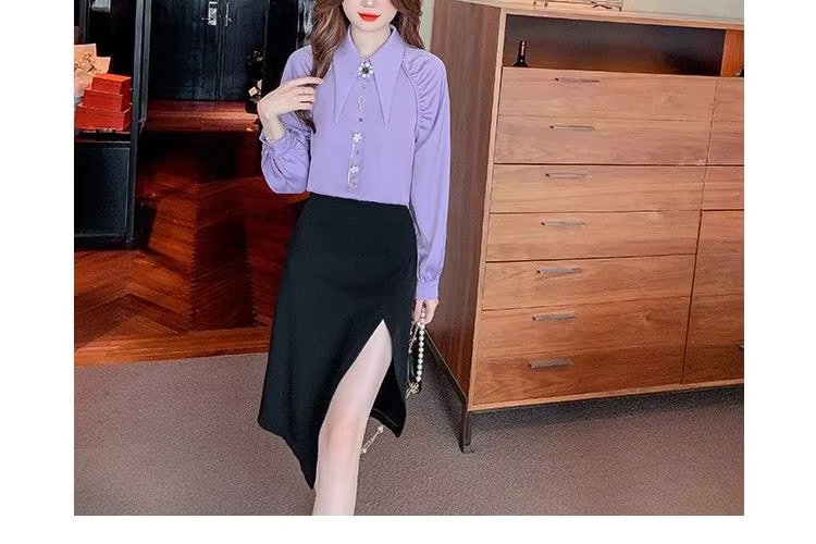 Beading Diamonds Korean Single-breasted Fashion Elegant Lapel Shirt - Image 8
