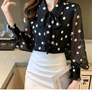Fashion Turn-down Collar Bow Pattern Long Sleeve Single Breasted Tops