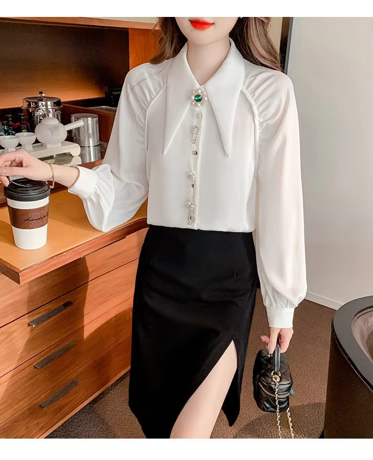 Beading Diamonds Korean Single-breasted Fashion Elegant Lapel Shirt - Image 7