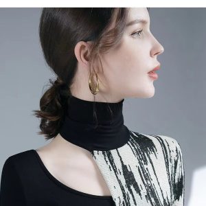 Turtleneck Long Sleeve Fashion High Street Printing Hollow Out Pullovers Elegant Slim Chic Top