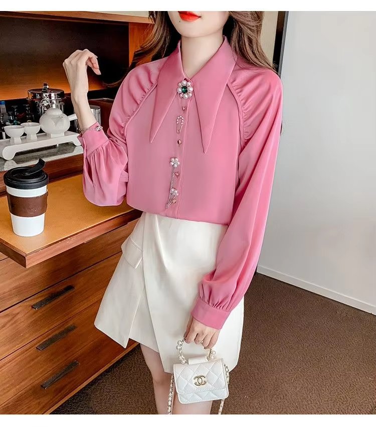 Beading Diamonds Korean Single-breasted Fashion Elegant Lapel Shirt - Image 9