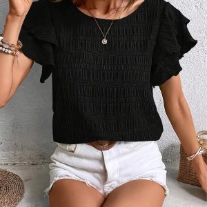 Vintage Butterfly Sleeve O Neck  Casual Elegant Solid Shirt