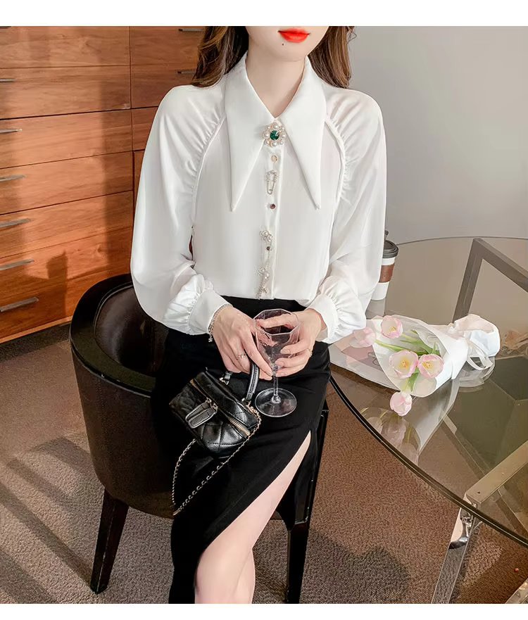 Beading Diamonds Korean Single-breasted Fashion Elegant Lapel Shirt - Image 4