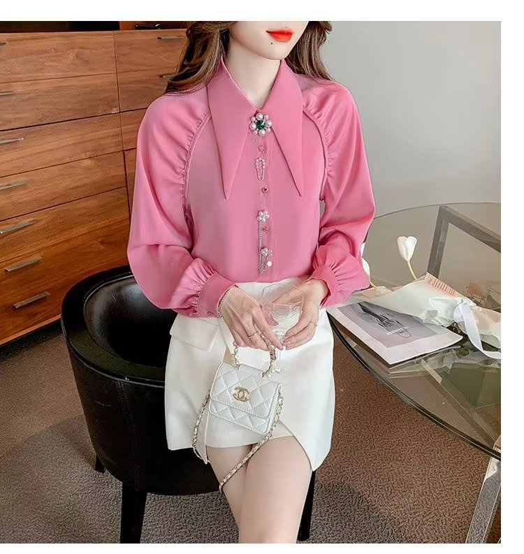 Beading Diamonds Korean Single-breasted Fashion Elegant Lapel Shirt - Image 6