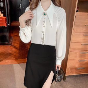 Beading Diamonds Korean Single-breasted Fashion  Elegant Lapel Shirt