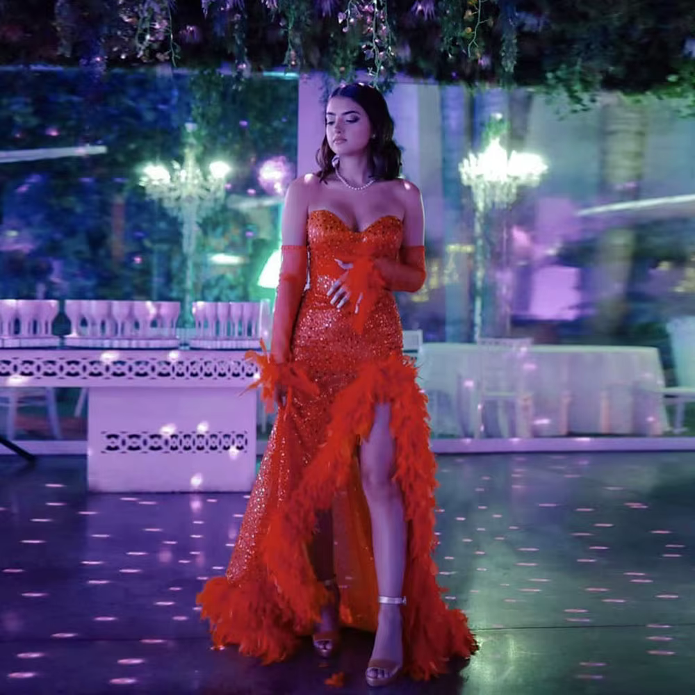 Shiny Lace With Feather Details Sweetheart Asymmetrical Split Evening Party Maxi Dress