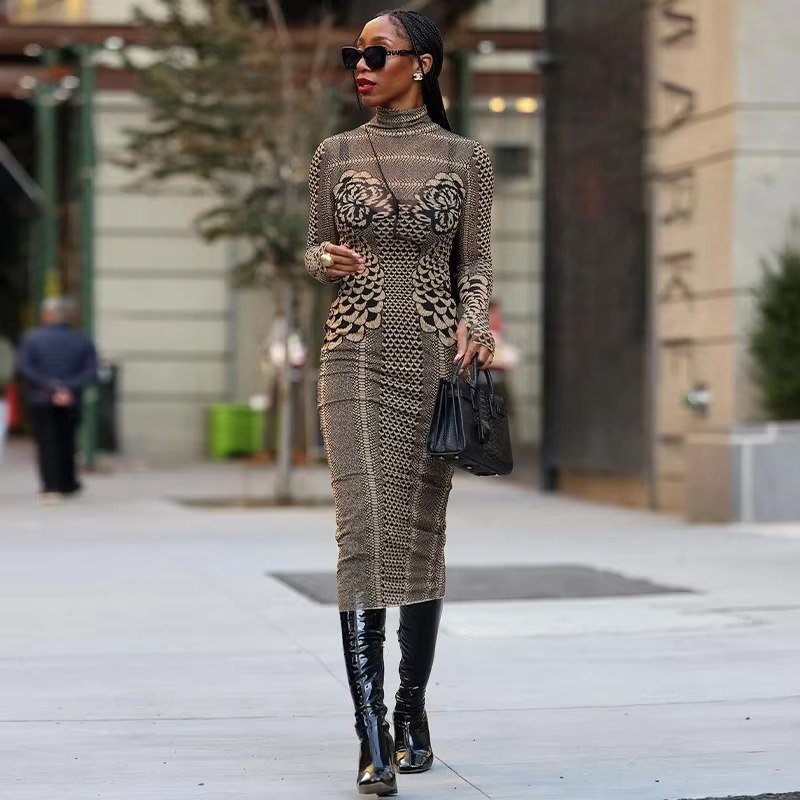 Trendy Mesh Sheer Long Sleeve Party Club Bodycon Midi Dress Streetwear